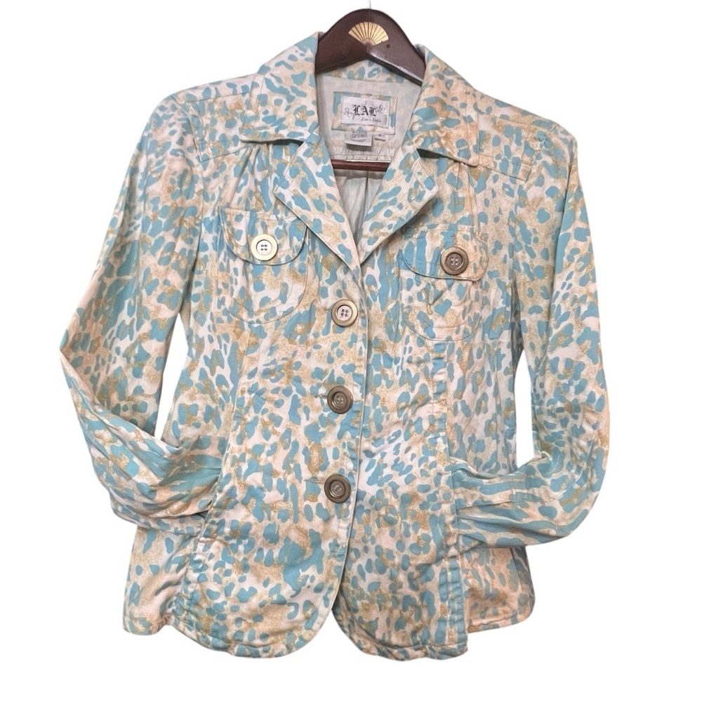 Live A Little Jacket White, Blue & Gold Leopard Print Fitted Size Small - Picture 2 of 4